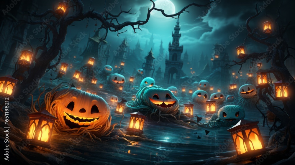 A spooky cartoon graveyard, illuminated by the orange light of jack-o-lanterns and lanterns, evokes a thrilling halloween night