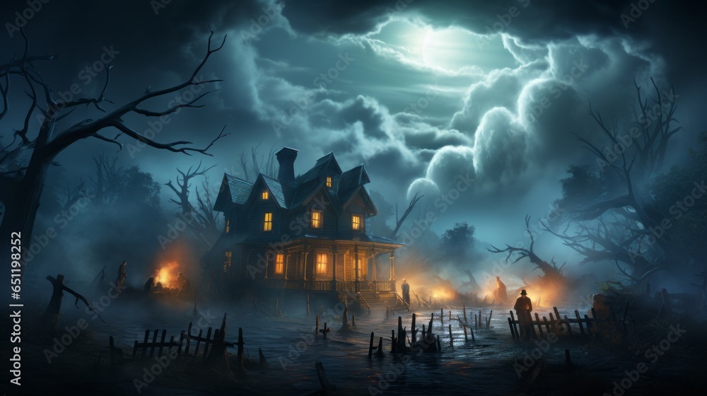 In a wild and mysterious forest, a single house is illuminated by the gentle light of a fire and surrounded by a canvas of clouds in a stormy sky, sparking with flashes of lightning