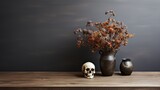 A vivid snapshot of a weathered skull peering out from a vase filled with dried flowers, capturing a moment of peacefulness amidst the beauty of the outdoors and indoors