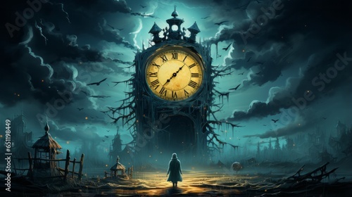The clocktower stands tall and imposing, ticking away time as the figure in front gazes up at its magnificence, lost in a sea of timeless contemplation
