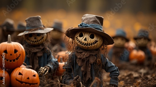 On halloween night, a festive group of scarecrows with vibrant pumpkins atop their heads stand watch over a vegetable patch, their presence evoking a feeling of warmth © Envision