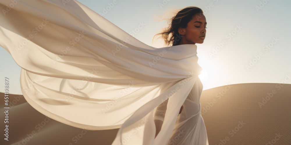 Woman in a long white dress walking in the desert with flowing fabric in the wind Woman in a long white dress walking in the desert with flowing fabric in the wind