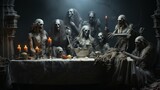 A hauntingly beautiful sculpture of skeletons gathered around an altar adorned with a candle and statues, evoking a sense of both death and artistry