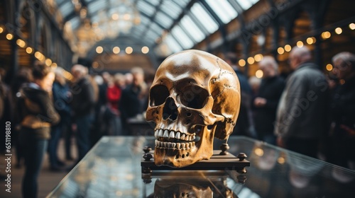 In a museum, a solitary skull rests atop a table, its hollow eye sockets gazing back in silent contemplation, a reminder of the fragility of life and the mysteries that lie within us all photo