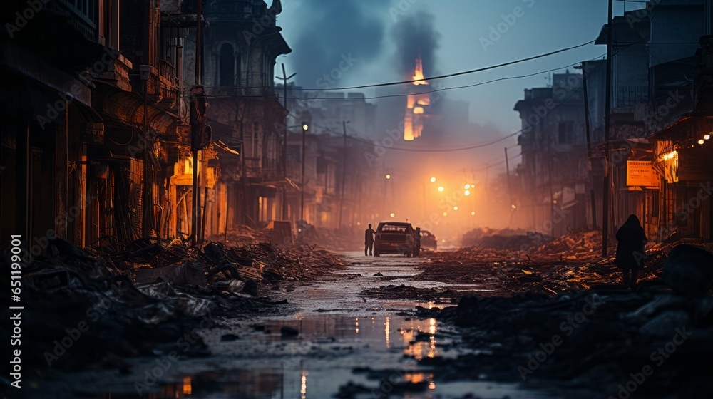 Amid darkened sky, a man stands amidst the chaos of smoky, polluted street, illuminated only by faint light of burning factory, with car in front of him as symbol of hope in disaster-stricken