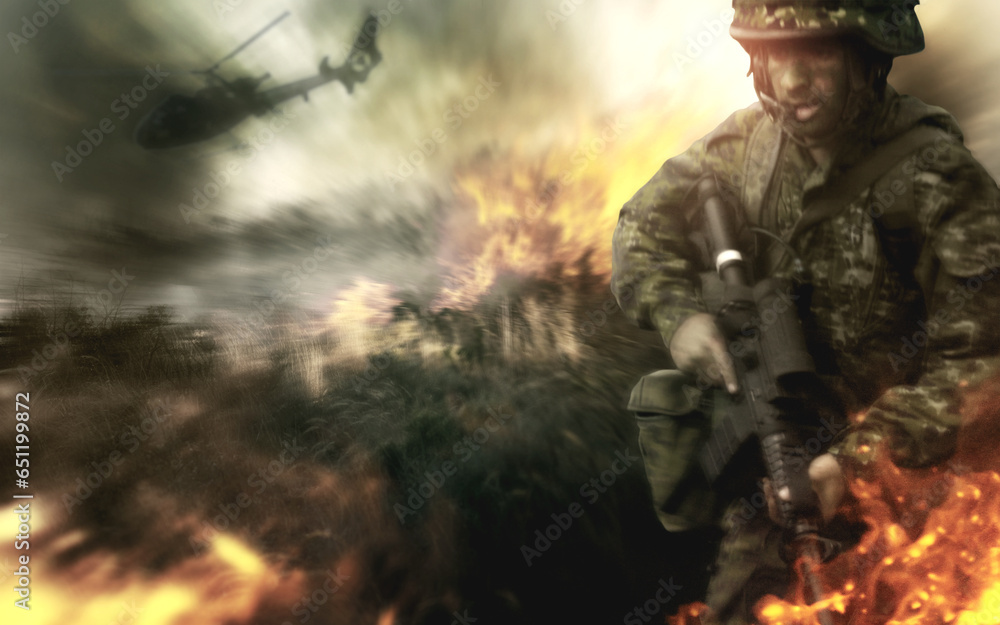 Army, man and war with field fire, gun and danger, risk or violence in military service and battle, mission or apocalypse. Soldier or hero walking in flames, smoke or warzone and helicopter for crime