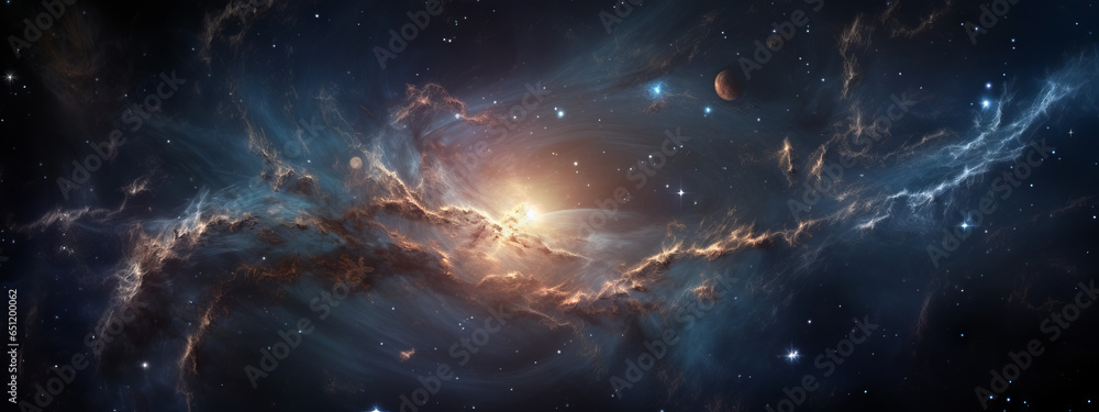 A view from space to a galaxy and stars. Universe filled with stars, nebula and galaxy,. Panoramic shot, wide format