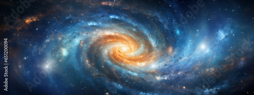 A view from space to a spiral galaxy and stars. Universe filled with stars, nebula and galaxy.
