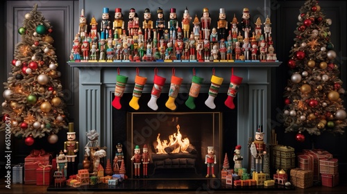  a fireplace decorated with christmas stockings and stockings hanging from the mantle. generative ai