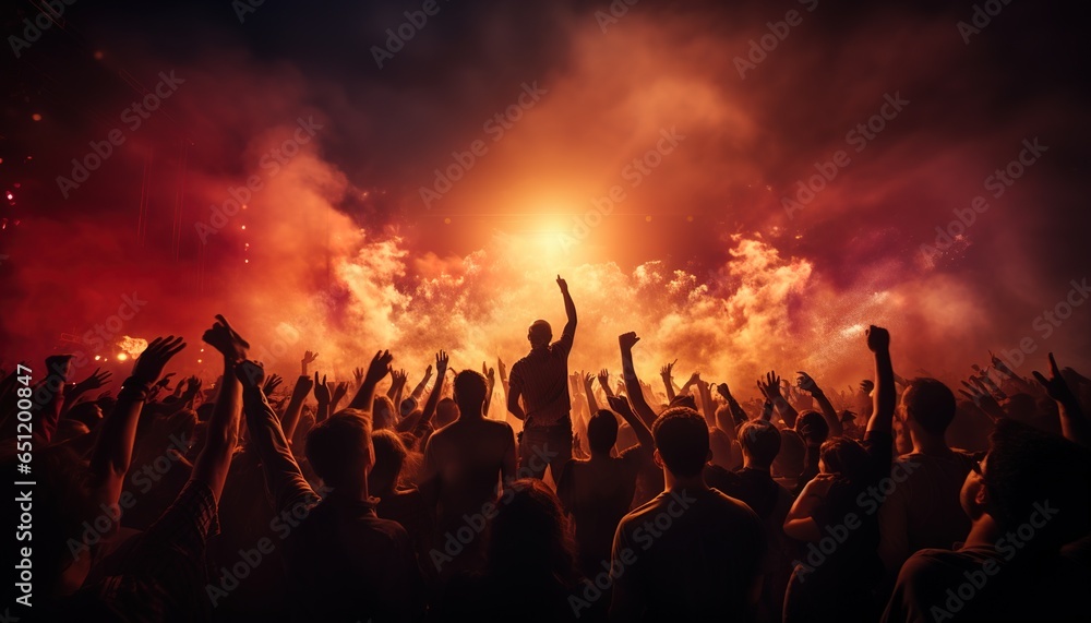 Group of people holding lighters and mobile phones at a concert, crowd