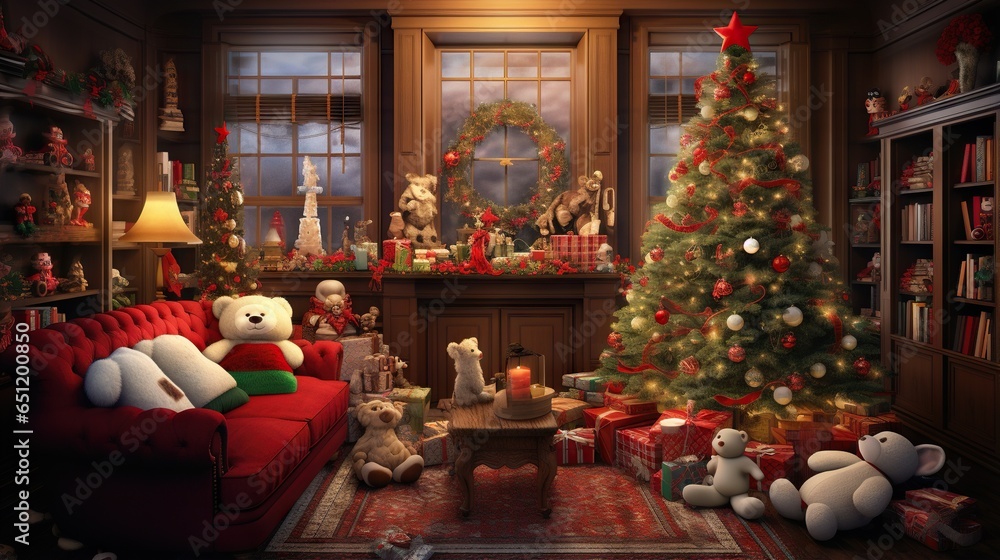  a living room decorated for christmas with a christmas tree and teddy bears.  generative ai