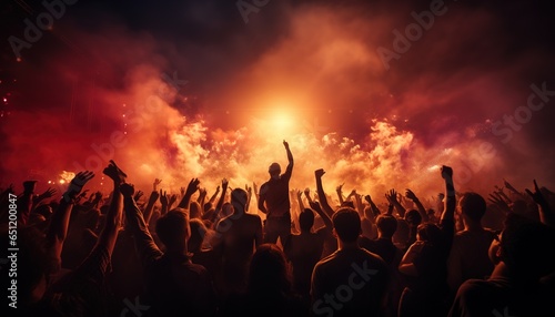 Group of people holding lighters and mobile phones at a concert, crowd of people silhouettes with raised hands. Dark background, smoke, spotlights. Bright lights