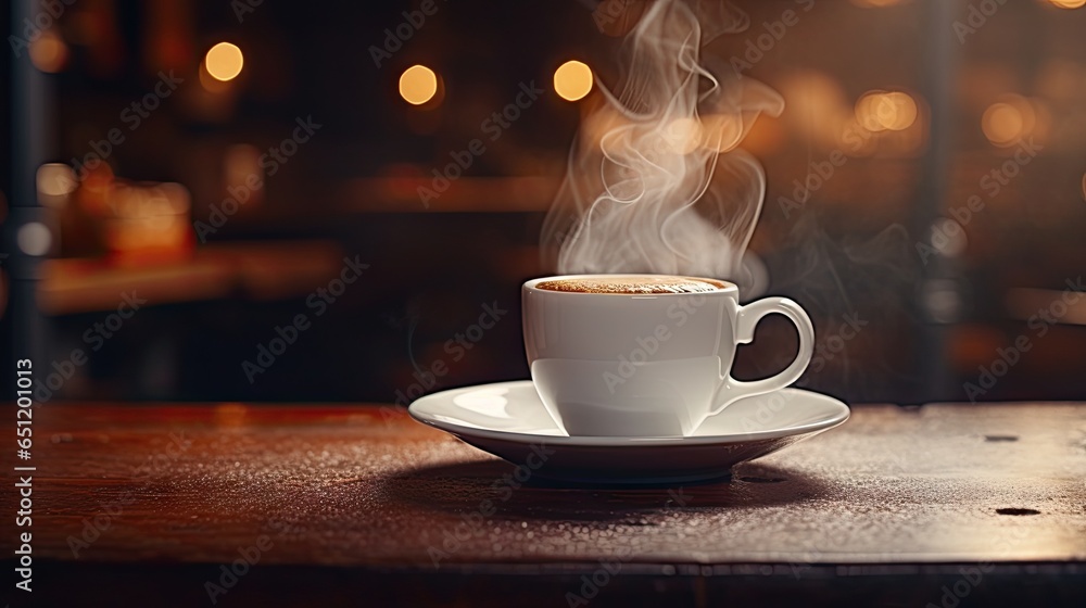 a cup of coffee with steam rising out of it on a saucer. generative ai a cup of coffee with steam rising out of it on a saucer. generative ai