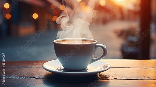  a cup of coffee with steam rising out of the top. generative ai