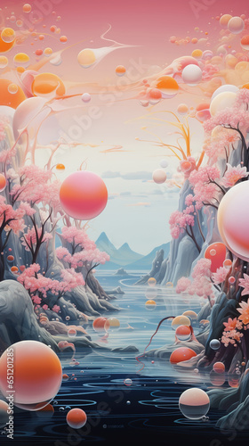 Sweet Magical Seascape with Surrealism Waves and Decorative Bubbles, Like a Dream photo