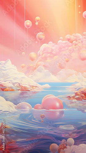 Sweet Magical Seascape with Surrealism Waves and Decorative Bubbles  Like a Dream