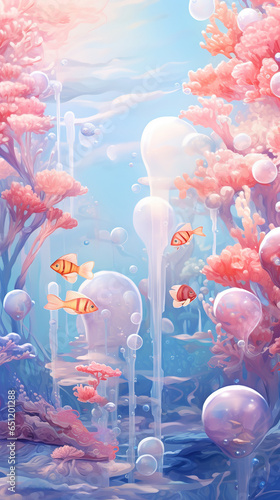 Sweet Magical Seascape with Surrealism Waves and Decorative Bubbles, Like a Dream photo