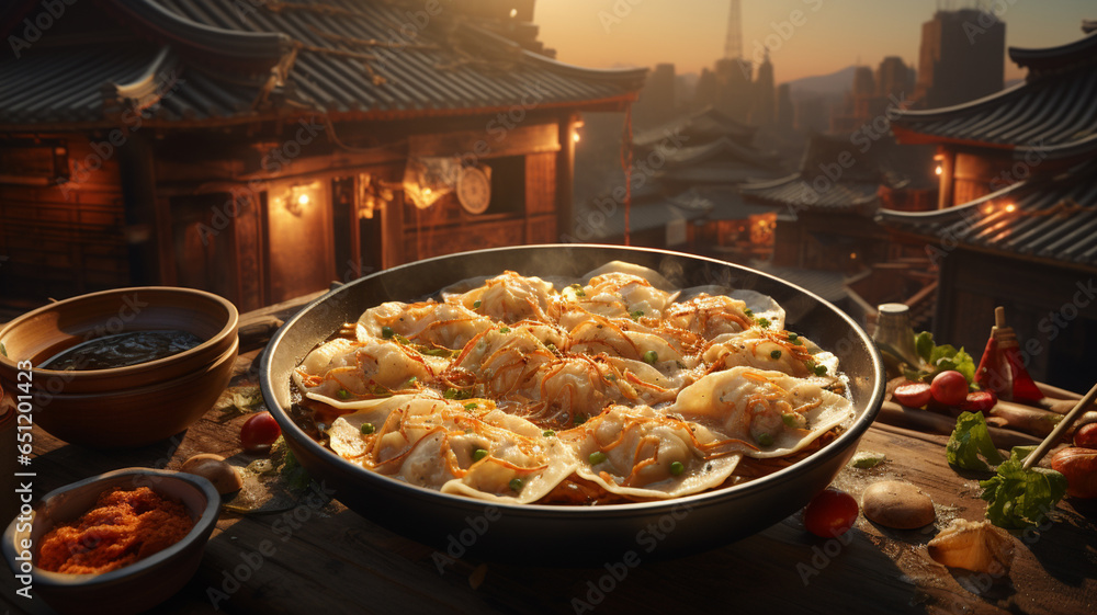 Steamed Chinese dumplings, typical Chinese cuisine - obrazy, fototapety, plakaty 