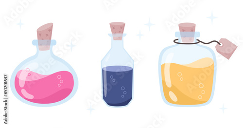 Elixir, potions bottles in cartoon flat style. Set of bottles with colored liquids, design elements magic tools.