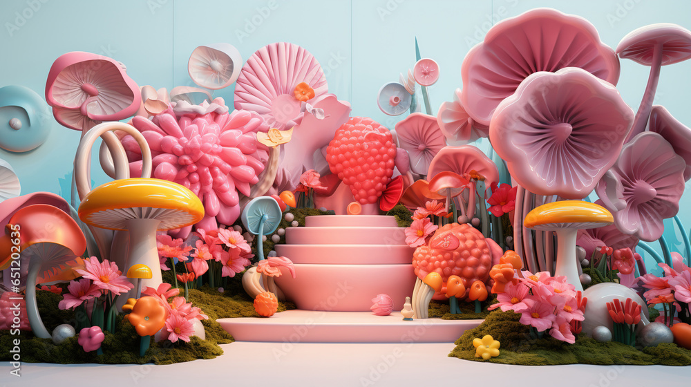 3D Product Podium Stage with Surrealism Bright Colors Flower and Giant Mushroom