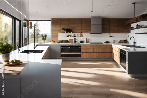 Interior design of a kitchen in a modern house with an open patio