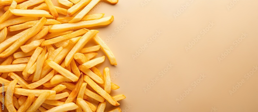French fries made from potato chips are a delectable type of fast food isolated pastel background Copy space French fries made from potato chips are a delectable type of fast food isolated pastel background Copy space
