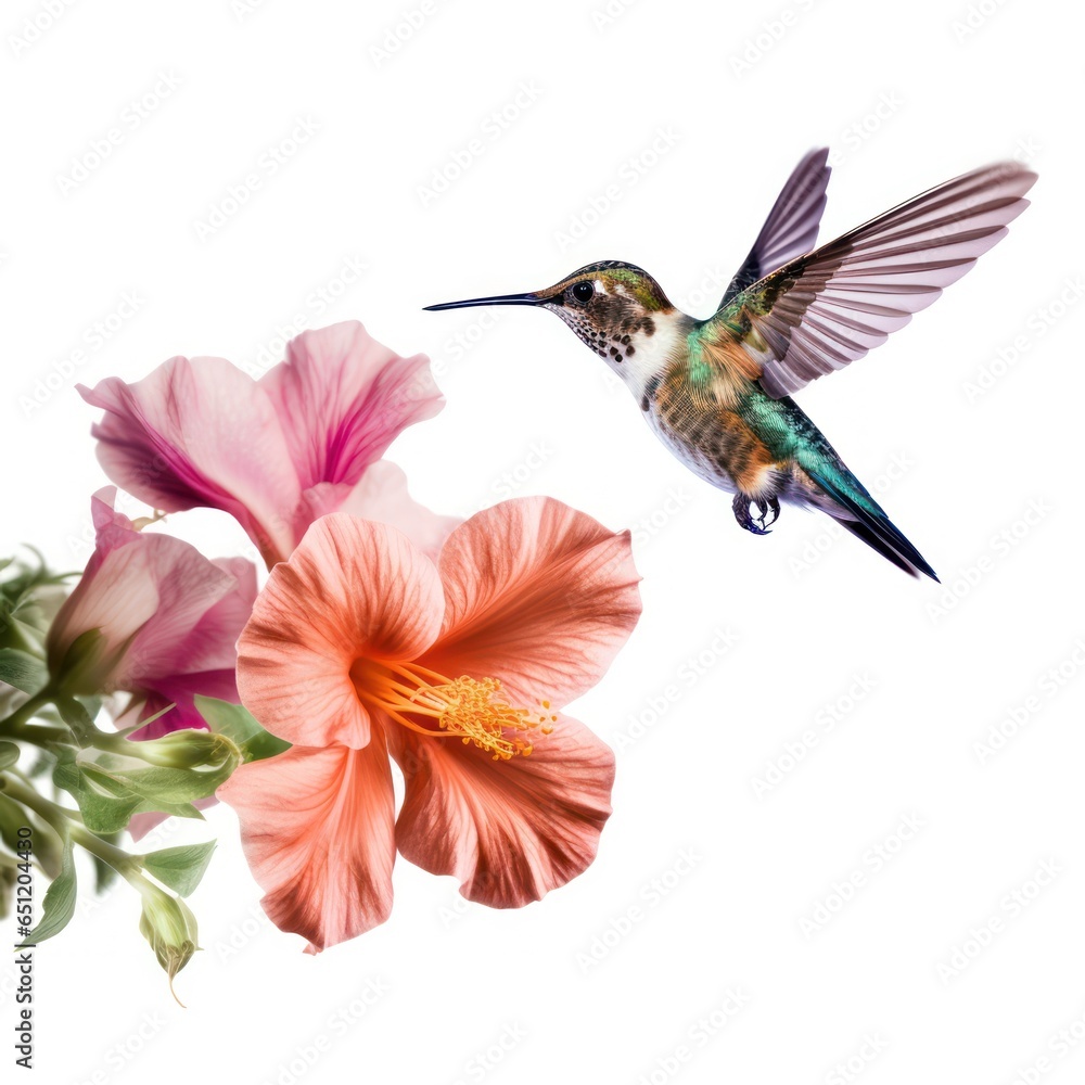 Naklejka premium Hummingbird Hovering Near Blooming Flower, Isolated on White background 