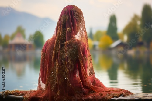 Kashmiri Beauty in Embroidered Pheran Gazing at Serene Dal Lake photo