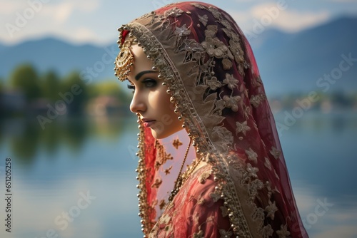 Kashmiri Beauty in Embroidered Pheran Gazing at Serene Dal Lake photo