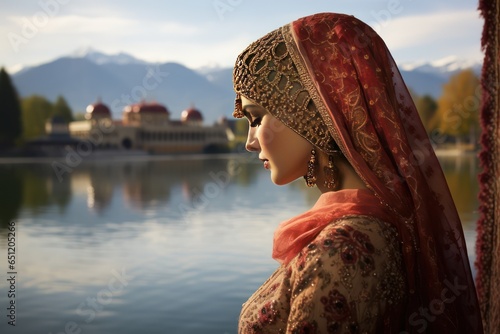 Kashmiri Beauty in Embroidered Pheran Gazing at Serene Dal Lake photo