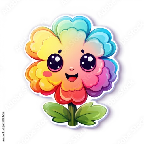 A cartoon flower with a happy face on a white background. Digital art. Cute rainbow sticker.