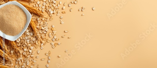 Dry organic multigrain flakes seen from above on a isolated pastel background Copy space photo