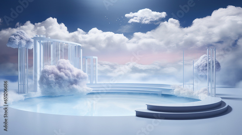 3D Product Stage Podium Decorated with Floating Cloudy or Dreamy Atmosphere