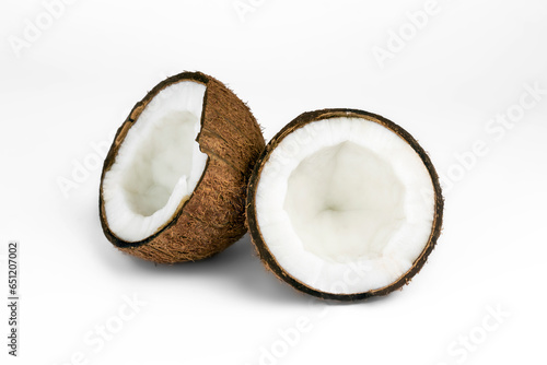 Coconut. Broken coconut on white background.
