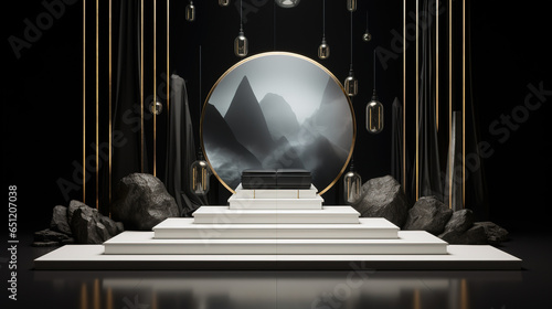 Surrealism 3D Podium Stage Decorated with Mirror or Glass and Mysterious Atmosphere