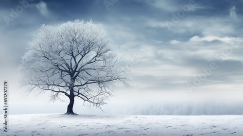  a lone tree in a snowy field with a sky background. generative ai