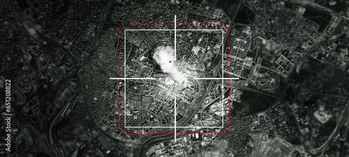 Schilderij op canvas Satellite, launch and target of missile in city for war, international conflict and military