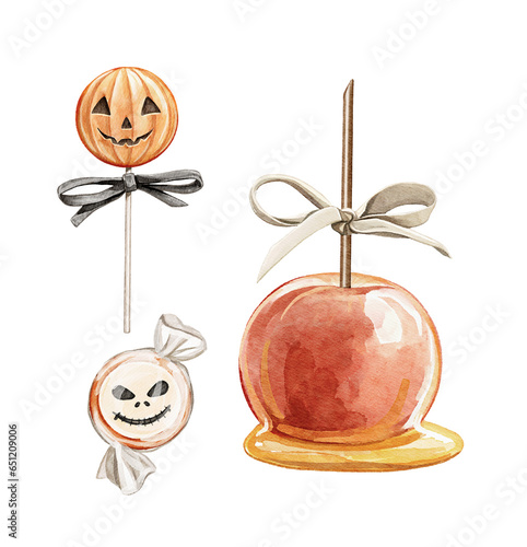 Set with vintage variety halloween funny cute scary sweet candies and caramel apple isolated on white background. Watercolor hand drawn illustration sketch photo