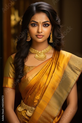 Young gorgeous indian lady from Tamil Nadu in Kanchipuram silk yellow and golden colored saree radiating elegance and captivating charm