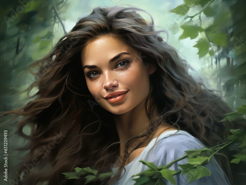 Young woman with radiant skin and flowing hair exuding untouched elegance and tranquil beauty