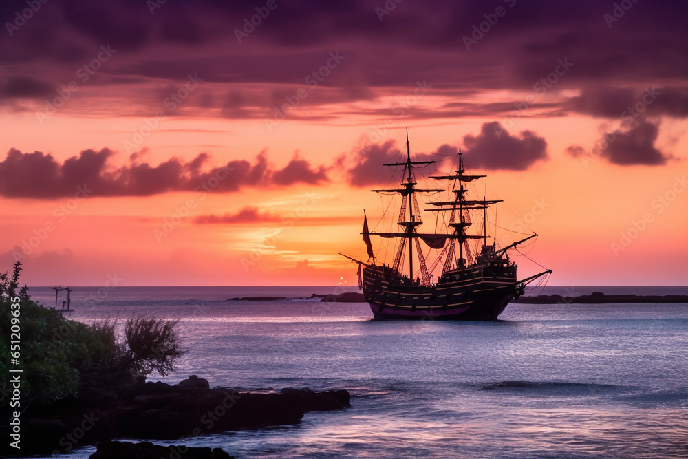 A pirate ship in the purple sunset. AI Generated