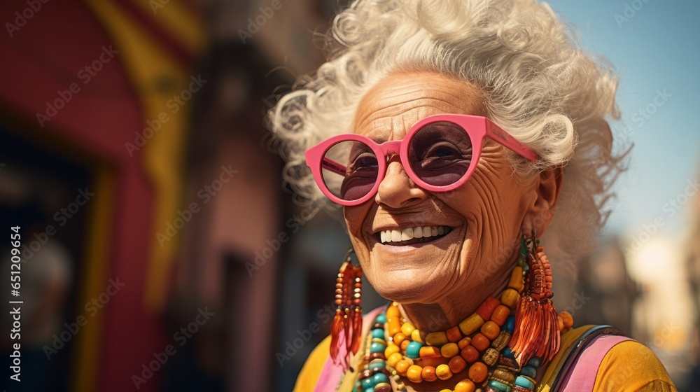 Senior Woman's Joyful Urban Walk in Vibrant Attire.
Cheerful elderly woman in colourful outfit and sunglasses on city street.