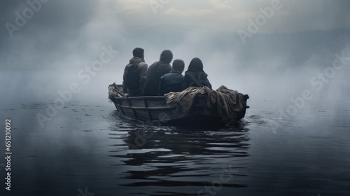 Syrian refugee family of immigrants on a little old boat in thiсk fog seeking for shelter and relocation or people running from war and infringement of rights by water photo