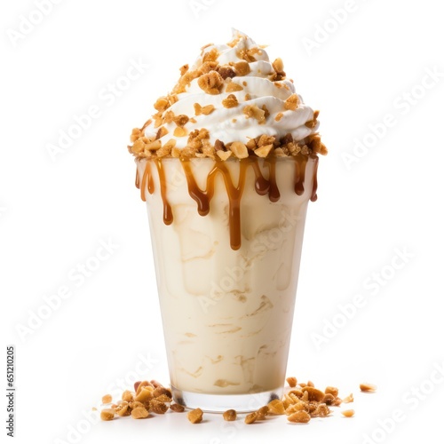 Caramel-Topped Milkshake with Crushed Nuts, Isolated on White Background