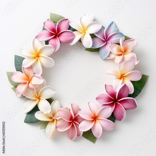 Minimalist Plumeria Wreath with Delicate Pastel Blooms, Subtle and Elegant, Isolated on White Background