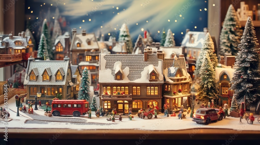  a christmas village with a red bus and snow covered trees.  generative ai