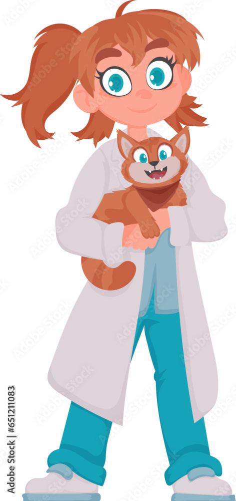 There is a lady who takes care of animals and keeps them healthy as their doctor. Vector Illustration.