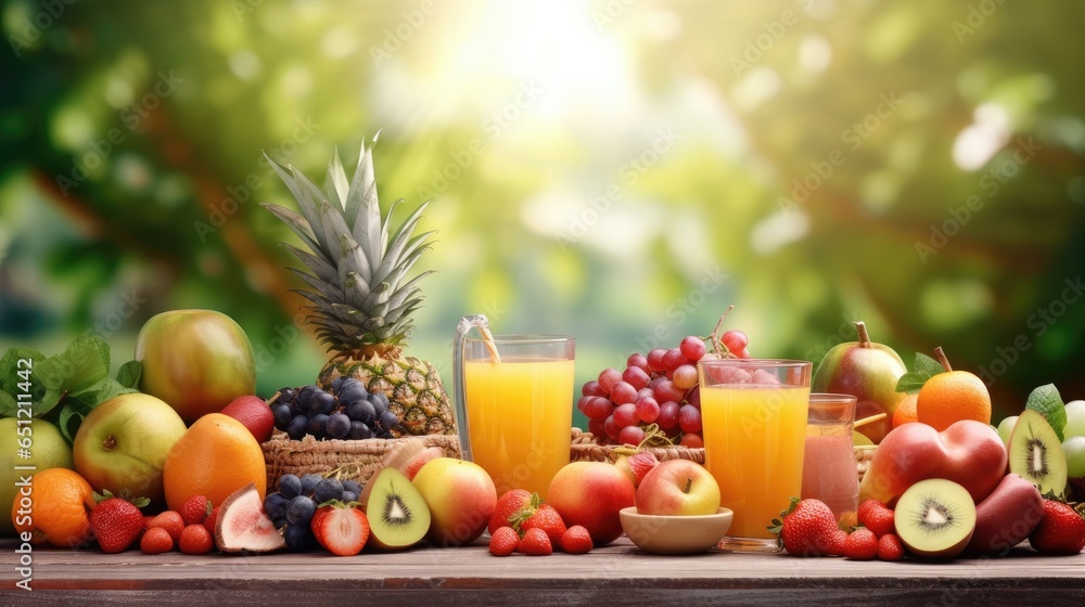 Fresh fruits and juices on wooden table with blur garden background for banner and agriculture. Generative Ai Fresh fruits and juices on wooden table with blur garden background for banner and agriculture. Generative Ai