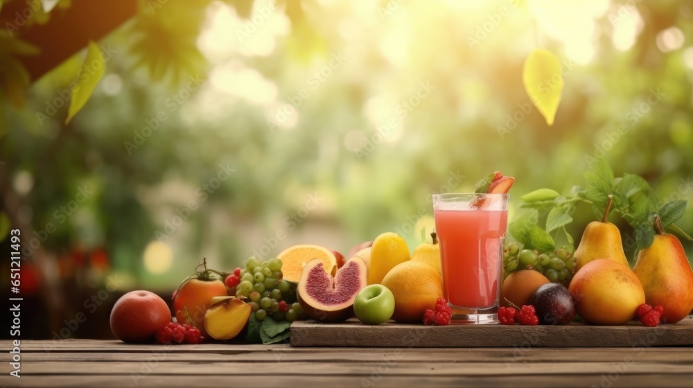 Fresh fruits and juices on wooden table with blur garden background for banner and agriculture. Generative Ai Fresh fruits and juices on wooden table with blur garden background for banner and agriculture. Generative Ai