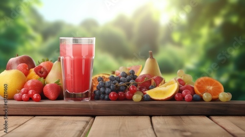 Fresh fruits and juices on wooden table with blur garden background for banner and agriculture. Generative Ai